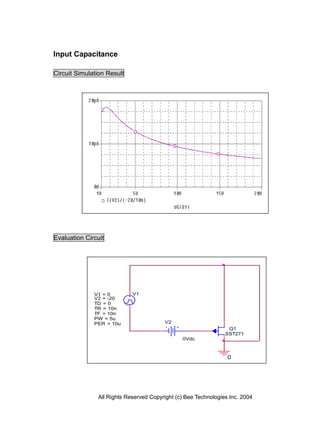 Input Capacitance

Circuit Simulation Result




Evaluation Circuit




              V1 = 0        V1
              V2 = -20
              TD = 0
              TR = 10n
              TF = 10n
              PW = 5u
              PER = 10u                 V2
                                                                 Q1
                                                                SST271
                                               0Vdc



                                                                 0




               All Rights Reserved Copyright (c) Bee Technologies Inc. 2004
 