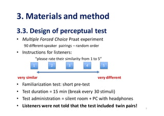 3.	Materials	and	method
3.3.	Design	of	perceptual	test	
• Multiple Forced Choice Praat experiment
90	different-speaker	 pa...