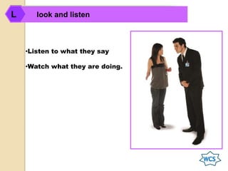 attitudeA look and listenL
•Listen to what they say
•Watch what they are doing.
 