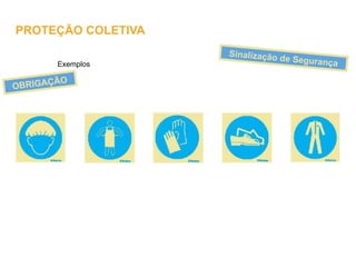 Exemplos
Sinalização de Segurança
OBRIGAÇÃO
PROTEÇÃO COLETIVA
 