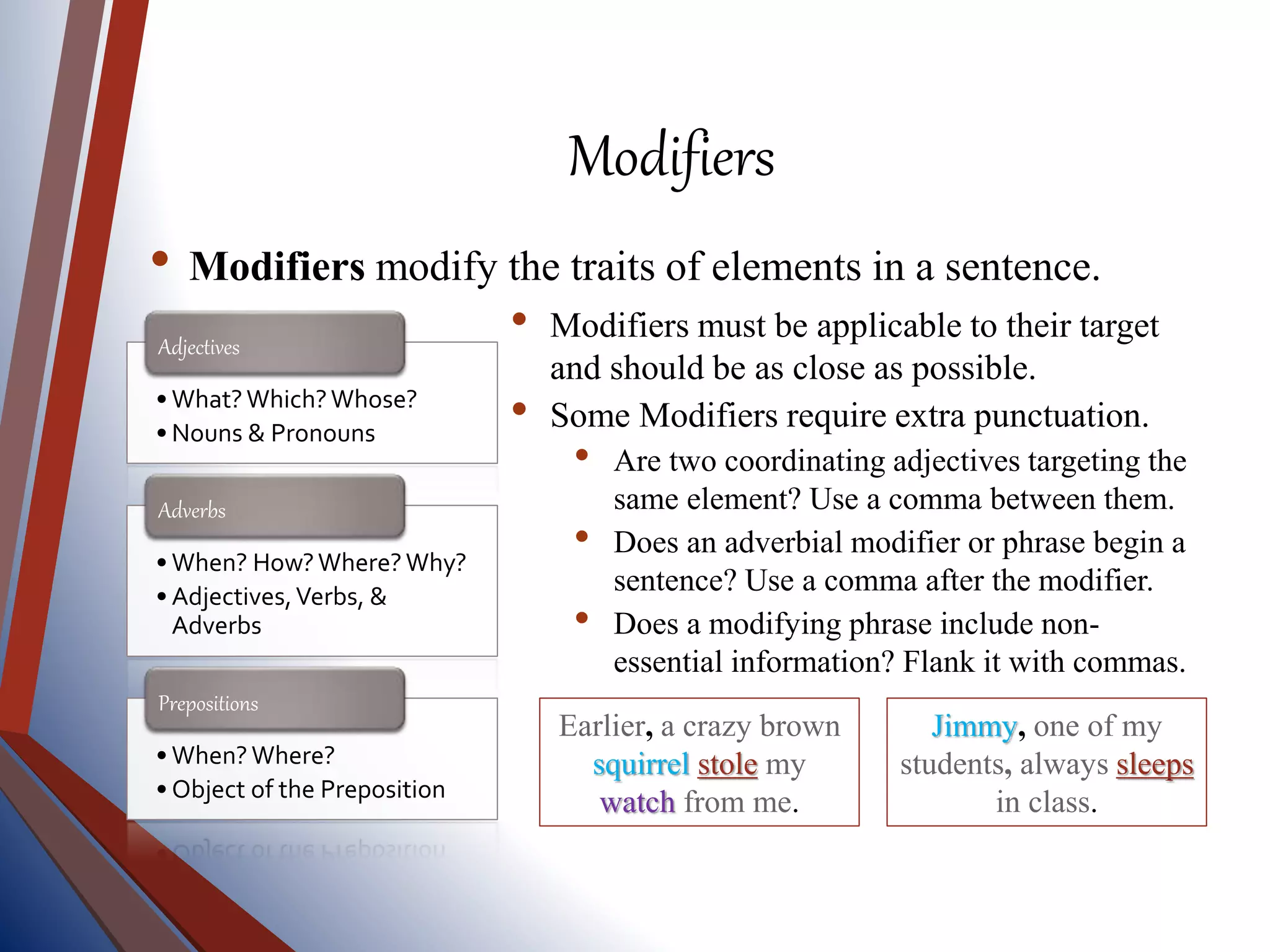 Modifiers
• Modifiers modify the traits of elements in a sentence.
• What?Which?Whose?
• Nouns & Pronouns
Adjectives
• When? How?Where?Why?
• Adjectives,Verbs, &
Adverbs
Adverbs
• When? Where?
• Object of the Preposition
Prepositions
• Modifiers must be applicable to their target
and should be as close as possible.
• Some Modifiers require extra punctuation.
• Are two coordinating adjectives targeting the
same element? Use a comma between them.
• Does an adverbial modifier or phrase begin a
sentence? Use a comma after the modifier.
• Does a modifying phrase include non-
essential information? Flank it with commas.
Earlier, a crazy brown
squirrel stole my
watch from me.
Jimmy, one of my
students, always sleeps
in class.
 