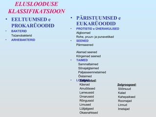 ELUSLOODUSE KLASSIFIKATSIOON EELTUUMSED e PROKARÜOODID BAKTERID Tsüanobakterid ARHEBAKTERID PÄRISTUUMSED e EUKARÜOODID PROTISTID  e  ÜHERAKULISED Algloomad Rohe, pruun- ja punavetikad SEENED Pärmseened  A lamad seened Kõrgemad seened TAIMED Sammaltaimed Sõnajalgtaimed Paljasseemnetaimed Õistaimed LOOMAD Selgroogsed:   Sõõrsuud   Kalad   Kahepaiksed     Roomaja d     Linnud   Imetajad Selgrootud: Käsnad Ainuõõssed Lameussid Ümarussid Rõngussid Limused Lülijalgsed Okasnahksed 