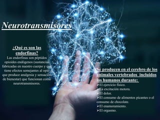 ¿Qué es son las
endorfinas?
Las endorfinas son péptidos
opioides endógenos (sustancias
fabricadas en nuestro cuerpo y que
tiene efectos semejantes al opio
que produce analgesia y sensación
de bienestar) que funcionan como
neurotransmisores.
Se producen en el cerebro de los
animales vertebrados incluidos
los humanos durante:
El ejercicio físico.
La excitación motora.
El dolor.
El consumo de alimentos picantes o el
consumo de chocolate.
El enamoramiento.
El orgasmo.
Neurotransmisores
 