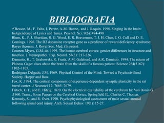 Besson, M., F. Faïta, I. Peretz, A-M. Bonne,. and J. Requin. 1998. Singing in the brain:
Independence of Lyrics and Tunes. Psychol. Sci. 9(6): 494-498
Blum, K., P. J. Sheridan, R. G. Wood, E. R. Braverman, T. J. H. Chen, J. G. Cull and D. E.
Comings. 1996. The D2 dopamine receptor gene as a predictor of reward deficiency syndrome:
Bayes theorem. J. Royal Soc. Med. (In press).
Courten-Myers, G.M. de. 1999. The human cerebral cortex: gender differences in structure and
function. J. Neuropathol. Exp. Neurol. 58(3): 217-226.
Damasio, H., T. Grabowski, R. Frank, A.M. Galaburd. and A.R, Damasio. 1994. The return of
Phineas Gage: clues about the brain from the skull of a famous patient. Science 264(5162):
1102–1105.
Rodriguez Delgado, J.M. 1969. Physical Control of the Mind: Toward a Psychocivilized
Society. Harper and Row.
Fox, K .1994. The cortical component of experience-dependent synaptic plasticity in the rat
barrel cortex. J Neurosci 12: 7665–7679.
Fritsch, G.T., and E. Hitzig. 1870. On the electrical excitability of the cerebrum In: Von Bonin G
.1960. Trans., Some Papers on the Cerebral Cortex. Springfield IL, Charles C. Thomas.
Kennedy, S., and R. Over. 1990. Psychophysiological assessment of male sexual arousal
following spinal cord injury. Arch. Sexual Behav. 19(1): 15-27.
BIBLIOGRAFIA
 