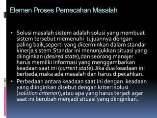 Elemen Proses Pemecahan Masalah


• Solusi masalah sistem adalah solusi yang membuat
  sistem tersebut memenuhi tujuannya dengan
  paling baik,seperti yang dicerminkan dalam standar
  kinerja sistem.Standar ini menunjukkan situasi yang
  diinginkan (desired state),dan seorang manajer
  harus memilki informasi yang menggambarkan
  keadaan saat ini (current state).Jika dua keadaan ini
  berbeda,maka ada masalah dan harus dipecahkan.
• Perbedaan antara keadaan saat ini dengan keadaan
  yang diinginkan disebut dengan kriteri solusi
  (solution criterion),atau apa yang harus terjadi agar
  saat ini berubah menjadi situasi yang diinginkan.
 