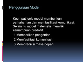 Penggunaan Model


 Keempat jenis model memberikan
 pemahaman dan memfasilitasi komunikasi.
 Selain itu model matemetis memiliki
 kemampuan prediktif.
  1.Memberikan pengertian
  2.Memfasilitasi komunikasi
  3.Memprediksi masa depan
 