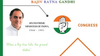 1944 - 1991
RAJIV
RAJIV
RAJIV RATNA
RATNA
RATNA GANDHI
GANDHI
GANDHI
SIXTH PRIME
MINISTER OF INDIA. CONGRESS
CONGRESS
CONGRESS
"When a Big tree falls, the ground
shakes"
 