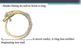 • Snake biting its tail to form a ring
Symbol of Eternity (which never ends). A ring has neither
beginning nor end.
 