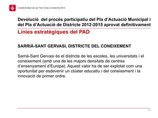 12
Consell de Barri de Les Tres Torres | 8 d’abril de 2013
Línies estratègiques del PAD
SARRIÀ-SANT GERVASI, DISTRICTE DEL CONEIXEMENT
Sarrià-Sant Gervasi és el districte de les escoles, les universitats i el
coneixement (amb una de les majors densitats de centres
d’ensenyament d’Europa). Aquest valor ha de ser explotat com una
oportunitat per esdevenir un clúster educatiu i del coneixement i la
innovació de primer ordre.
Devolució del procés participatiu del Pla d’Actuació Municipal i
del Pla d’Actuació de Districte 2012-2015 aprovat definitivament
 