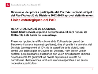16
Consell de Barri de Les Tres Torres | 8 d’abril de 2013
RENATURALITZACIÓ DE LA CIUTAT.
Sarrià-Sant Gervasi, el pulmó de Barcelona. El parc natural de
Collserola i els barris de la muntanya.
Preservar i potenciar el Parc Natural de Collserola (el pulmó de
Barcelona i la seva àrea metropolitana), dins el qual hi ha la meitat del
Districte (corresponent al 10% de la superfície de la ciutat), serà
també una prioritat per al Govern del Districte. Hom pretén vetllar
sobretot pels ciutadans i ciutadanes que viuen dins d’aquest immens i
ric ecosistema tot garantint-los nivells equitatius a la resta de
barcelonins i barcelonines, amb una atenció específica a les seves
necessitats particulars.
Línies estratègiques del PAD
Devolució del procés participatiu del Pla d’Actuació Municipal i
del Pla d’Actuació de Districte 2012-2015 aprovat definitivament
 