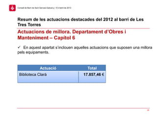29
Consell de Barri de Sant Gervasi-Galvany | 10 d’abril de 2013
 En aquest apartat s’inclouen aquelles actuacions que suposen una millora
pels equipaments.
Actuacions de millora. Departament d’Obres i
Manteniment – Capítol 6
Resum de les actuacions destacades del 2012 al barri de Les
Tres Torres
Actuació Total
Biblioteca Clarà 17.857,46 €
 