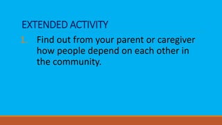 EXTENDED ACTIVITY
1. Find out from your parent or caregiver
how people depend on each other in
the community.
 