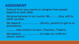 ASSESSMENT
1. Find out from your parent or caregiver how people
depend on each other.
2. We grow bananas in our county. We………….(buy, sell) to
other counties.
3. We depend ……………………….(drivers, pastors) to get to on
destinations.
4. …………..help children to learn. (Teachers, Traders)
5. We depend ……………………….to make our uniforms.
(divers, tailors).
 