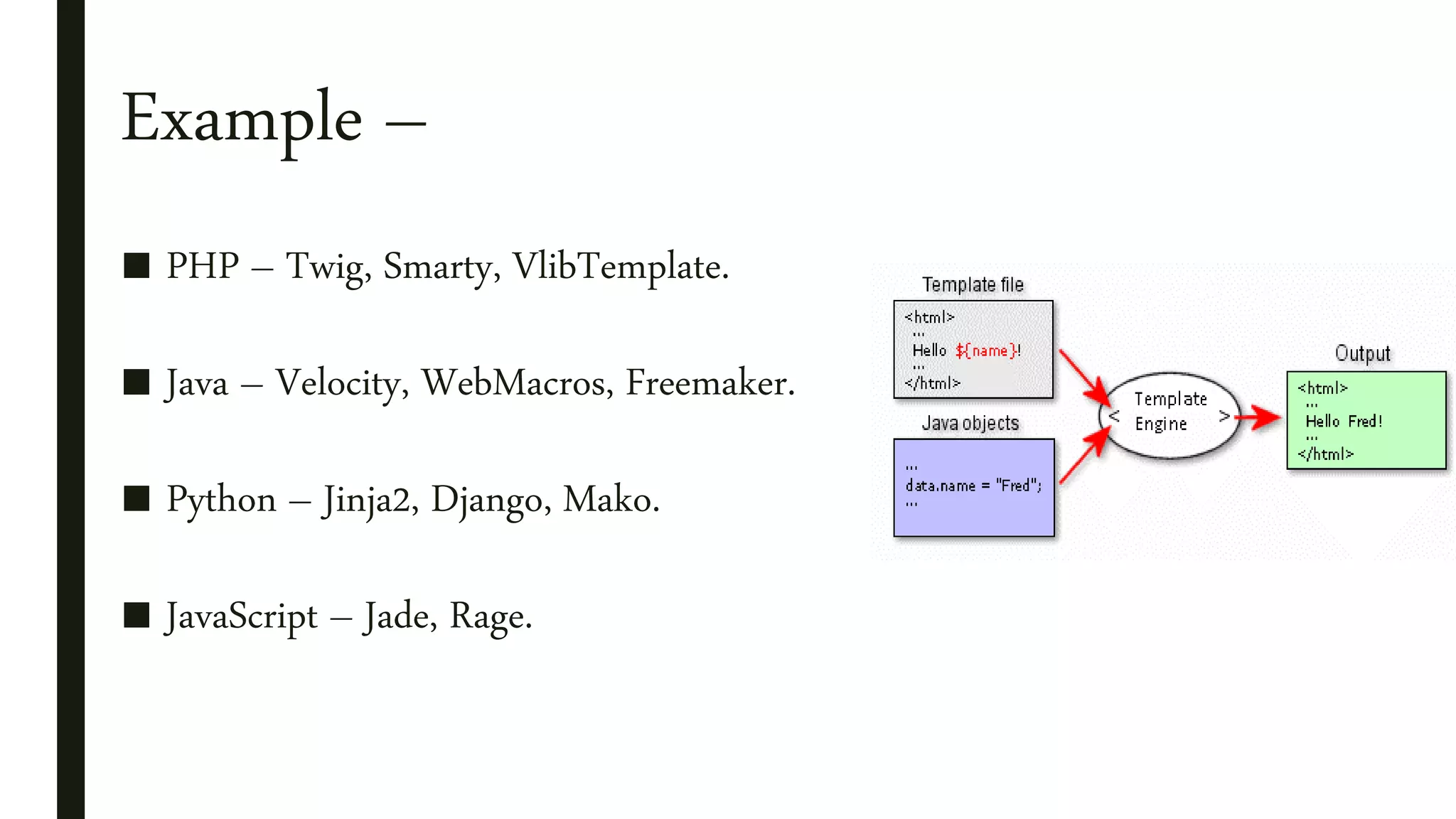 Example –
■ PHP – Twig, Smarty, VlibTemplate.
■ Java – Velocity, WebMacros, Freemaker.
■ Python – Jinja2, Django, Mako.
■ JavaScript – Jade, Rage.
 