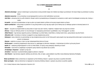 K to 12 BASIC EDUCATION CURRICULUM
K to 12 Araling Panlipunan Gabay Pangkurikulum Disyembre 2013 Pahina 105 ng 120
Talasalitaan
A
Absolute advantage – ganap na kalamangan ng isang bansa sa isang produkto kapag mas mababa ang halaga ng produksiyon nito kaysa halaga ng produksiyon ng ibang
bansa
Absolute monarchy – Uri ng monarkiya na ang kapangyarihan ng hari ay hindi nalilimitahan ng sinuman
Acid Rain – polusyong dulot ng sulfur dioxide at nitrogen oxide na pumapailanlang sa himpapawid at sumasama sa water vapor at bumabagsak sa anyong ulan, hamog, o
niyebe
Acropolis – ang burol at pinakamataas na lugar sa gitna ng lungsod-estado ng Athens at iba pang lungsod-estado ng Greece
Agham panlipunan – isang sangay ng kaalaman na ang pinag-aaralan ay ang mga pag-uugali ng tao habang siya ay nakikipag-ugnayan sa kanyang kapwa at sa
kapaligiran
Agora – ang gitna ng lungsod-estado ng isang bukas na lugar kung saan maaring magtinda o magtipon-tipon ang mga tao sa Greece
Ahimsa – hango sa relihiyong Jainism na may kahulugan na mapayapang pamamaraan ng pakikibaka o ang hindi paggamit ng dahas
Allied Powers – mga bansang nagsanib-puwersa, kinabibilangan ng United States, Great Britain, at dating Soviet Union, upang labanan ang Axis Powers
Allocative role – tumutukoy sa masinop na paggamit ng mga pinagkukunang-yaman
Alokasyon –isang mekanismo ng pamamahagi ng mga pinagkukunang-yaman sa iba’t ibang gamit upang sagutin ang mga pangunahing katanungan ng isang lipunan sa
suliranin ng kakapusan
Alyansa – pagbubuo ng grupo o lupon ng mga makapangyarihang bansa sa Europe
Akulturasyon – prosesong pinagdaraanan isang lipunan sa pagtanggap ng elemento, katangian, o impluwensiya ng kultura ng iba pang lipunan
Apollo 11 – sasakyang panghimpapawid na mula sa United States, na siyang unang sasakyang nakarating sa buwan
Astrolabe – instrumento sa paglalayag na ginagamit upang malaman ang latitudo layo ng barko
Archipelago / Kapuluan – pangkat ng mga pulo
Armistice – kasunduan na pansamantalang pagtigil ng labanan o digmaan
Axis Powers – mga bansang nagsanib, kabilang ang Germany, Italy, at Japan, upang kalabanin ang Allies noong Ikalawang Digmaang Pandaigdig
B
Batas ng Demand –batas sa ekonomiya na nagsasaad ng hindi direktang relasyon o ugnayan ang presyo sa quantity demanded.
Batas ng Supply – batas sa ekonomiya na nagsasaad na mayroong direktang relasyon o ugnayan ang presyo sa quantity supplied.
 
