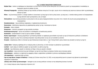 K to 12 BASIC EDUCATION CURRICULUM
K to 12 Araling Panlipunan Gabay Pangkurikulum Disyembre 2013 Pahina 111 ng 120
Khyber Pass – landas na matatagpuan sa kabundukan ng Hindu Kush na sa loob ng libu-libong taon ito ay tinahak at ginamit ng mangangalakal at manlalakbay sa
kasaysayan papunta at palabas ng India
Kilusang Propaganda – samahang itinatag ng mga ilustrado sa Pilipinas noong ika-19 na siglo. Layunin nito na maisulong ang reporma sa bansa sa ilalim ng pamahalaang
kolonyal ng Spain.
Klima – ang karaniwang panahon o average weather na nararanasan ng isang lugar sa loob ng ilang buwan, ng isang taon, o mahaba-habang panahon na kinapapalooban
ng mga elemento tulad ng temperatura, ulan, at hangin
Kolonyalismo –ang tuwirang pananakop ng isang bayan sa iba pa upang mapagsamantalahan ang yaman nito o makuha rito ang iba pang pangangailangan ng
mangongolonya
Komplementaryo – mga produktong magkasabay o magkasamang kinukonsumo
Komunismo - ideolohiyang nagsusulong ng pagkakapantay-pantay ng mga mamamayan sa lipunan
Konsepto – ideya o kaisipan
Konsyumer – mamimili; gumagamit ng mga produkto at serbisyo
Kontemporaryong isyu- Isyung may partikular na kahalagahan sa kasalukuyang panahon
Kontinente – pinakamalawak na masa ng lupa sa ibabaw ng daigdig
Kontra-repormasyon – kilusang pangrelihiyon ng Simbahang Katoliko na naglalayong panumbalikin ang tiwala ng mga sa Kristyanismo partikular sa Katolisismo
Kowtow – pagyuko ng mga Tsino sa kanilang Emperador nang tatlong beses na ang noo ay humahalik sa semento
Krusada – ekspedisyong militar na inilunsad ng mga Kristiyanong Europeo laban sa mga Turkong Muslim upang mabawi ang Jerusalem sa kamay ng mga ito
L
Laissez faire – kaisipang nagbibigay-diin sa malayang daloy ng ekonomiya, na hindi nararapat na pakialaman ng pamahalaan
Lambak – lupain patag na makikita sa pagitan ng mga bundok o sa gilid ng mga ilog
Latitude – mga distansyang angular na natutukoy sa hilaga o timog ng equator o ekwador
Lay investiture – isang seremonya kung saan binibigyan ng mga hari ang Obispo ng singsing at tauhan para sa kanyang opisina
Liberalisasyon – patakaran na nagbunsod sa paggiging malaya o pagbubukas ng kalakalan ng bansa sa pandaigdigang kalakalan
Life expectancy – inaasahang haba ng buhay
Liga ng mga Bansa (League of Nations) – itinatag ng 42 bansa noong Enero 10, 1920, na ang pangunahing layunin ay tapusin ang digmaan sa pamamagitan
negosasyon at diplomasya
Literacy rate o Antas ng kamuwangan – bahagdan ng tao sa isang partikular na bansa na may kakayahang bumasa at sumulat
 