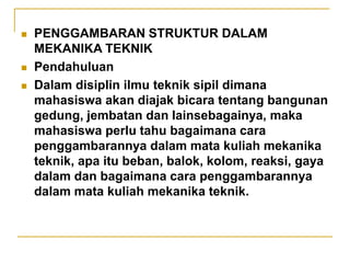  PENGGAMBARAN STRUKTUR DALAM
MEKANIKA TEKNIK
 Pendahuluan
 Dalam disiplin ilmu teknik sipil dimana
mahasiswa akan diajak bicara tentang bangunan
gedung, jembatan dan lainsebagainya, maka
mahasiswa perlu tahu bagaimana cara
penggambarannya dalam mata kuliah mekanika
teknik, apa itu beban, balok, kolom, reaksi, gaya
dalam dan bagaimana cara penggambarannya
dalam mata kuliah mekanika teknik.
 