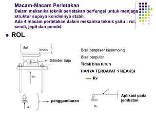 Macam-Macam Perletakan
Dalam mekanika teknik perletakan berfungsi untuk menjaga
struktur supaya kondisinya stabil.
Ada 4 macam perletakan dalam mekanika teknik yaitu : rol,
sendi, jepit dan pendel.
 ROL
Rol
Struktu
r
Rv
Silinder baja
Bisa bergeser kesamoing
Bisa berputar
Tidak bisa turun
HANYA TERDAPAT 1 REAKSI
Rv
Rv Rv
penggambaran
Aplikasi pada
jembatan
 
