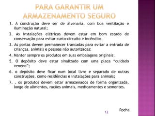 1. A construção deve ser de alvenaria, com boa ventilação e
iluminação natural;
2. As instalações elétricas devem estar em bom estado de
conservação para evitar curto-circuito e incêndios;
3. As portas devem permanecer trancadas para evitar a entrada de
crianças, animais e pessoas não autorizadas;
4. Manter sempre os produtos em suas embalagens originais;
5. O depósito deve estar sinalizado com uma placa “cuidado
veneno”;
6. o depósito deve ficar num local livre e separado de outras
construções, como residências e instalações para animais;
7. . os produtos devem estar armazenados de forma organizada,
longe de alimentos, rações animais, medicamentos e sementes.
Rocha
12
 