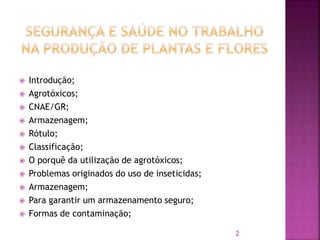  Introdução;
 Agrotóxicos;
 CNAE/GR;
 Armazenagem;
 Rótulo;
 Classificação;
 O porquê da utilização de agrotóxicos;
 Problemas originados do uso de inseticidas;
 Armazenagem;
 Para garantir um armazenamento seguro;
 Formas de contaminação;
2
 