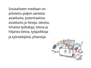 Sosiaaliseen mediaan on
piilotettu paljon aarteita:
asiakkaita, potentiaalisia
asiakkaita ja faneja, ideoita,
ilmaisia työkaluja, tietoa ja
hiljaista tietoa, työpaikkoja
ja työntekijöitä, yhteisöjä.
 