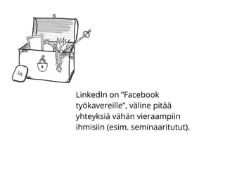 LinkedIn on ”Facebook
työkavereille”, väline pitää
yhteyksiä vähän vieraampiin
ihmisiin (esim. seminaaritutut).
 