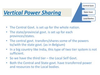 • The Central Govt. is set up for the whole nation.
• The state/provincial govt. is set up for each
provinces/states.
• The central govt. transfers/shares some of the powers
to/with the state govt. (as in Belgium)
• In a big country like India, this type of two tier system is not
sufficient.
• So we have the third tier – the Local Self Govt.
• Both the Central and State govt. have transferred power
and resources to the Local bodies.
Central Govt.
State Govt.
Local Bodies
Vertical Power Sharing
 