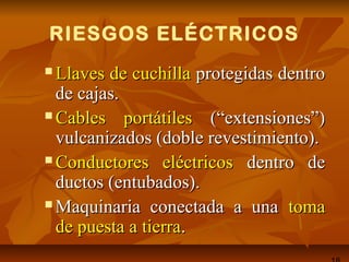 RIESGOS ELÉCTRICOS
 Llaves de cuchillaLlaves de cuchilla protegidas dentroprotegidas dentro
de cajas.de cajas.
 Cables portátilesCables portátiles (“extensiones”)(“extensiones”)
vulcanizados (doble revestimiento).vulcanizados (doble revestimiento).
 Conductores eléctricosConductores eléctricos dentro dedentro de
ductos (entubados).ductos (entubados).
 Maquinaria conectada a unaMaquinaria conectada a una tomatoma
de puesta a tierrade puesta a tierra..
 
