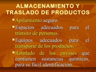 ALMACENAMIENTO Y
TRASLADO DE PRODUCTOS
 ApilamientoApilamiento seguro.seguro.
 Espacios adecuados para elEspacios adecuados para el
tránsito de personastránsito de personas..
 Equipos adecuados para elEquipos adecuados para el
transporte de los productostransporte de los productos..
 Rotulado de los envasesRotulado de los envases queque
contienen sustancias químicas,contienen sustancias químicas,
para su fácil identificación.para su fácil identificación.
 