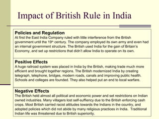 Impact of British Rule in India
Positive Effects
A huge railroad system was placed in India by the British, making trade much more
efficient and brought together regions. The British modernized India by creating
telegraph, telephone, bridges, modern roads, canals and improving public health.
Schools and colleges are founded. They also helped put an end to local warfare.
Negative Effects
The British held almost all political and economic power and set restrictions on Indian
owned industries. Many villagers lost self-suffiency due to the British enforcing cash
crops. Most British carried racist attitudes towards the Indians in the country, and
adopted policies which did not abide by many religious practices in India. Traditional
Indian life was threatened due to British superiority.
Policies and Regulation
At first the East India Company ruled with little interference from the British
government until the 19th
century. The company employed its own army and even had
an internal government structure. The British used India for the gain of Britain’s
Economy, and set up restrictions that didn’t allow India to operate on its own.
 