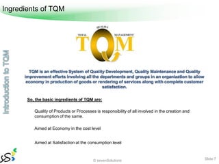 Ingredients of TQM




        TQM is an effective System of Quality Development, Quality Maintenance and Quality
      im...