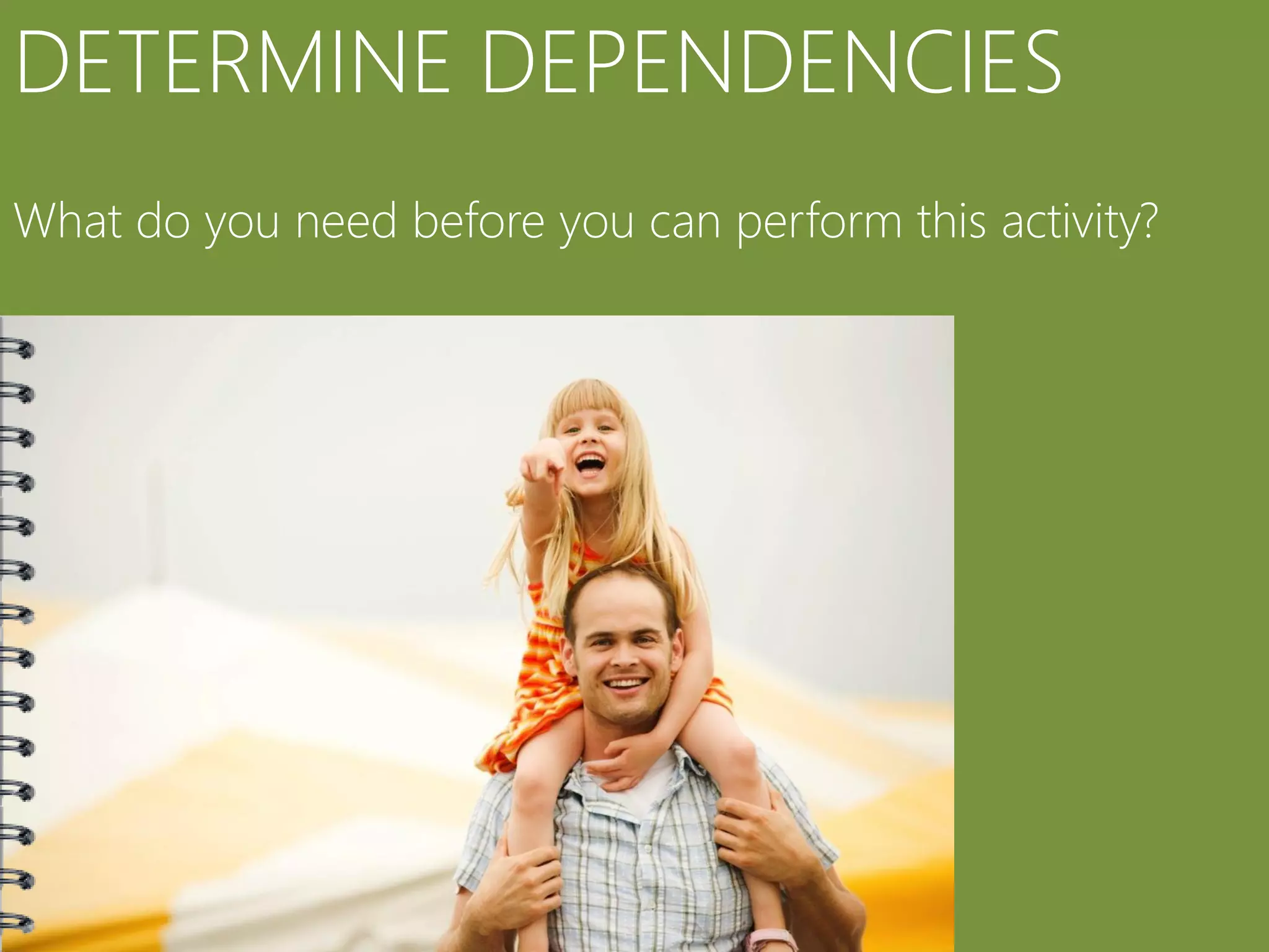DETERMINE DEPENDENCIES
What do you need before you can perform this activity?
 