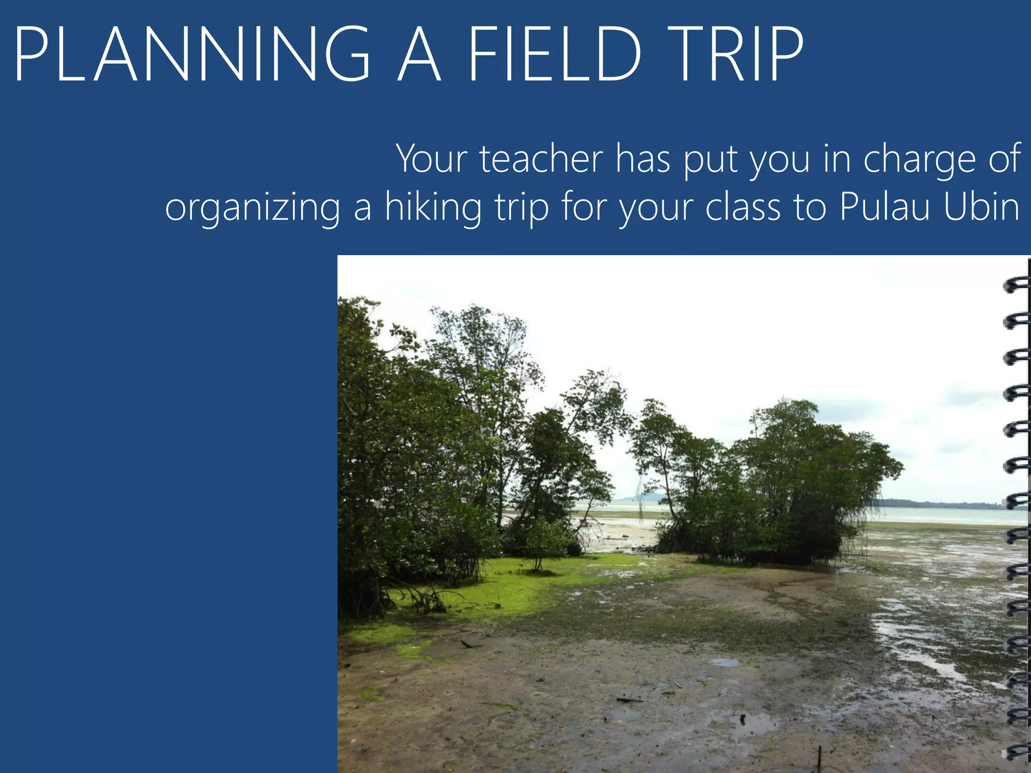 PLANNING A FIELD TRIP
                 Your teacher has put you in charge of
    organizing a hiking trip for your class to Pulau Ubin
 