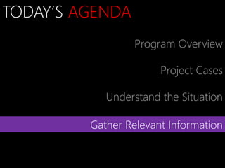 TODAY’S AGENDA
                  Program Overview

                       Project Cases

            Understand the Situation

         Gather Relevant Information
 