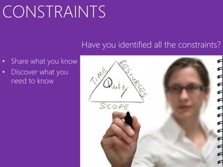 CONSTRAINTS
                        Have you identified all the constraints?
• Share what you know
• Discover what you
  need to know
 
