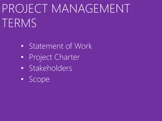 PROJECT MANAGEMENT
TERMS
  •   Statement of Work
  •   Project Charter
  •   Stakeholders
  •   Scope
 