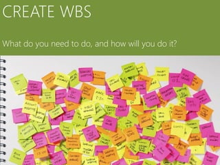 CREATE WBS
What do you need to do, and how will you do it?
 