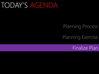 TODAY’S AGENDA

                 Planning Process

                 Planning Exercise

                     Finalize Plan
 