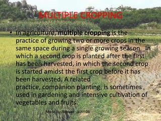 MULTIPLE CROPPING
• In agriculture, multiple cropping is the
  practice of growing two or more crops in the
  same space during a single growing season. In
  which a second crop is planted after the first
  has been harvested, in which the second crop
  is started amidst the first crop before it has
  been harvested. A related
  practice, companion planting, is sometimes
  used in gardening and intensive cultivation of
  vegetables and fruits.
            Made By: Samyak Jain - 04
 