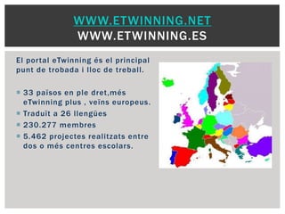 El portal eTwinning és el principal
punt de trobada i lloc de treball.
 33 països en ple dret,més
eTwinning plus , veïns europeus.
 Traduït a 26 llengües
 230.277 membres
 5.462 projectes realitzats entre
dos o més centres escolars.
WWW.ETWINNING.NET
WWW.ETWINNING.ES
 