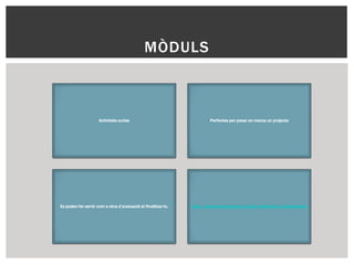 MÒDULS
Activitats curtes Perfectes per posar en marxa un projecte
Es poden fer servir com a eina d’avaluació al finalitzar-lo. http://www.etwinning.net/es/pub/collaborate/modules.htm
 