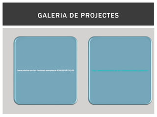 GALERIA DE PROJECTES
Casos pràctics que han funcionat: exemples de BONES PRÀCTIQUES http://www.etwinning.net/es/pub/collaborate/project_gallery.cfm
 