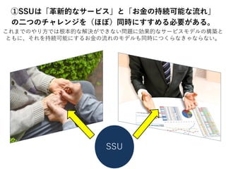①SSUは「革新的なサービス」と「お金の持続可能な流れ」
の二つのチャレンジを（ほぼ）同時にすすめる必要がある。
これまでのやり方では根本的な解決ができない問題に効果的なサービスモデルの構築と
ともに、それを持続可能にするお金の流れのモデルも同時につくらなきゃならない。
SSU
 