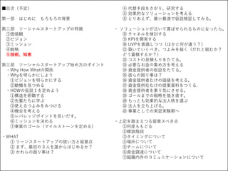 ■目次（予定）
第一部 はじめに もろもろの背景
第二部 ソーシャルスタートアップの特徴
①価値観
②ビジョン
③ミッション
④戦略
⑤技術、知恵
第三部 ソーシャルスタートアップ始め方のポイント
・Why How Whatの関係
・Whyを明らかにしよう
①ビジョンを明らかにする
②動機を見つめる
・HOWの仮説１を定めよう
①構造を俯瞰する
②先輩たちに学ぶ
③使えるつよみをみつける
④機会を考える
⑤レバレッジポイントを見いだす。
⑥ミッションを決める
⑦事業のゴール（マイルストーンを定める）
・WHAT
① リーンスタートアップの使い方と留意点
② まず、最初の３人を誰からはじめるか？
③ かれらの困り事は？
④ 代替手段をさがり、研究する
⑤ 効果的なソリューションを考える
⑥ とりあえず、最小最速で仮説検証してみる。
・ ソリューションが泣いて喜ばせられるものになったら。
⑧ チャネルを検討する
⑨ KPIを開発する
⑩ UVPを意識しつつ（ほかと何が違う？）
⑪ 築いていくべき、つよみを描く（だれと組むか？
どう蓄積するか？）
⑫ コストの見積もりをたてる。
⑬ 必要なお金の集め方を考える
⑭ 資金提供者の仮説をたてる。
⑮ 彼らの困り事は？
⑯ 資金提供者むけの価値を考える。
⑰ 資金提供社むけの提案資料をつくる.
⑱ 資金提供者を乗り気にさせる。
⑲ ゴールまでの戦略を描き直す。
⑳ もっとも効果的な法人格を選ぶ
㉑ 法人を立ち上げる。
㉒ 事業としての実証実験期へ
・上記を踏まえつる留意スべき点
①何度ももどる
②螺旋階段
③タイミングについて
④場所について
⑤チームについて
⑥資金調達について
⑦組織内外のコミュニケーションについて
 