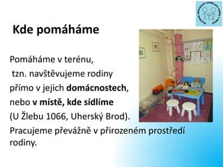 Kde pomáháme
Pomáháme v terénu,
tzn. navštěvujeme rodiny
přímo v jejich domácnostech,
nebo v místě, kde sídlíme
(U Žlebu 1066, Uherský Brod).
Pracujeme převážně v přirozeném prostředí
rodiny.
 