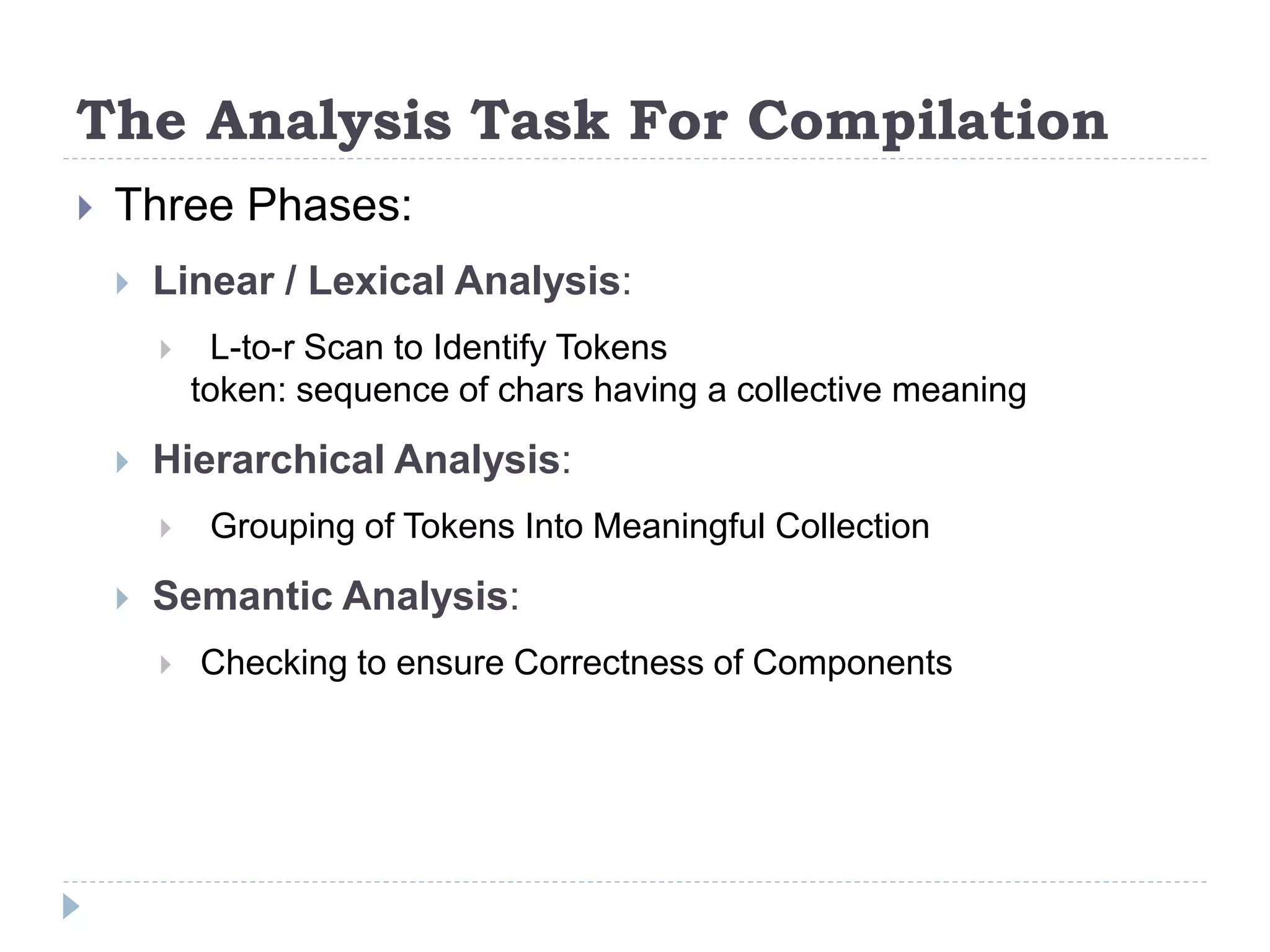  Three Phases:
 Linear / Lexical Analysis:
 L-to-r Scan to Identify Tokens
token: sequence of chars having a collective meaning
 Hierarchical Analysis:
 Grouping of Tokens Into Meaningful Collection
 Semantic Analysis:
 Checking to ensure Correctness of Components
The Analysis Task For Compilation
 