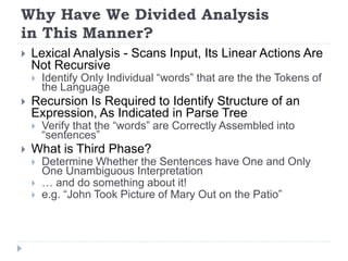 Why Have We Divided Analysis
in This Manner?
 Lexical Analysis - Scans Input, Its Linear Actions Are
Not Recursive
 Identify Only Individual “words” that are the the Tokens of
the Language
 Recursion Is Required to Identify Structure of an
Expression, As Indicated in Parse Tree
 Verify that the “words” are Correctly Assembled into
“sentences”
 What is Third Phase?
 Determine Whether the Sentences have One and Only
One Unambiguous Interpretation
 … and do something about it!
 e.g. “John Took Picture of Mary Out on the Patio”
 