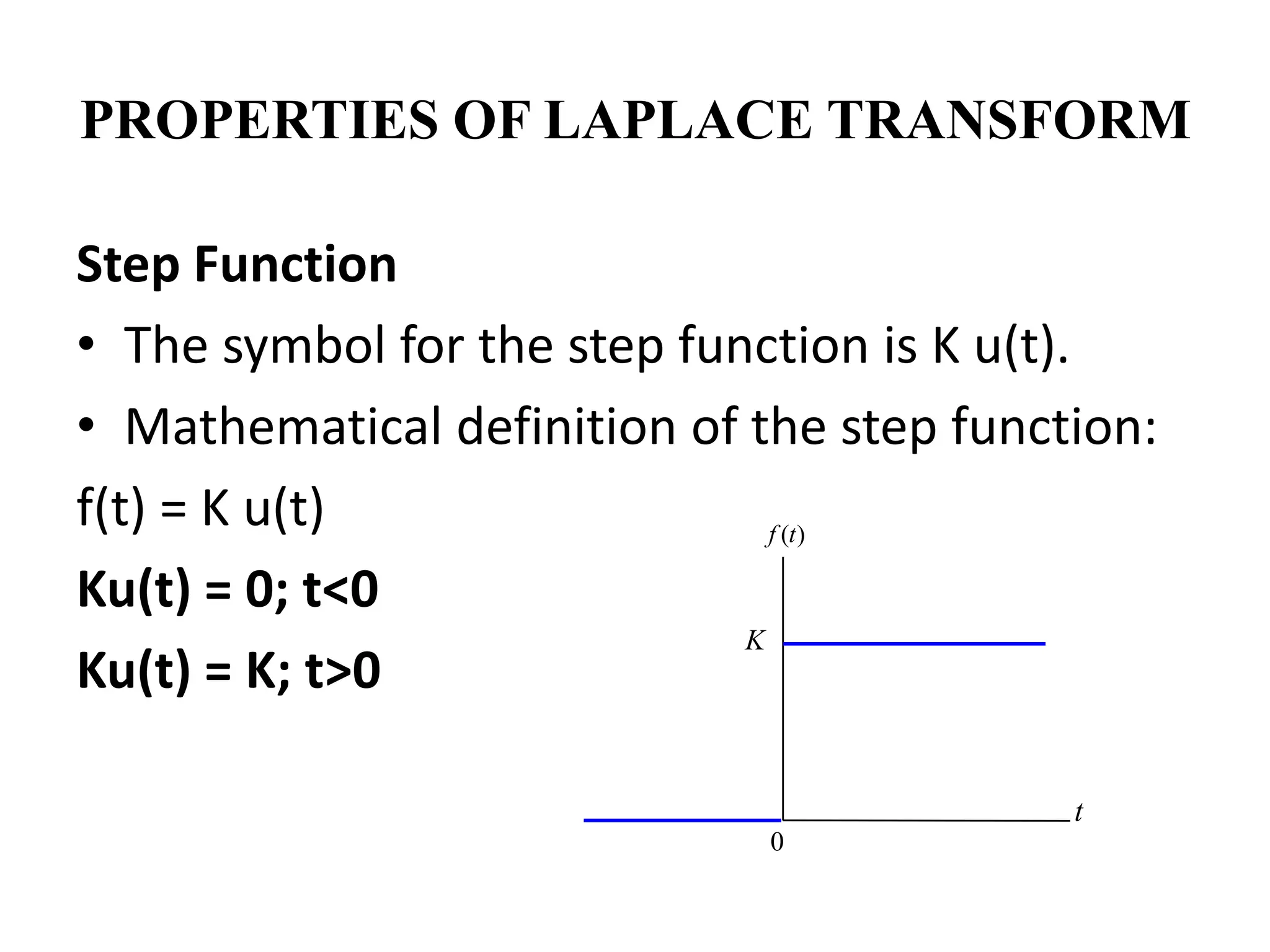PROPERTIES OF LAPLACE TRANSFORM
Step Function
• The symbol for the step function is K u(t).
• Mathematical definition of the step function:
f(t) = K u(t)
Ku(t) = 0; t<0
Ku(t) = K; t>0
)
(t
f
K
0
t
 