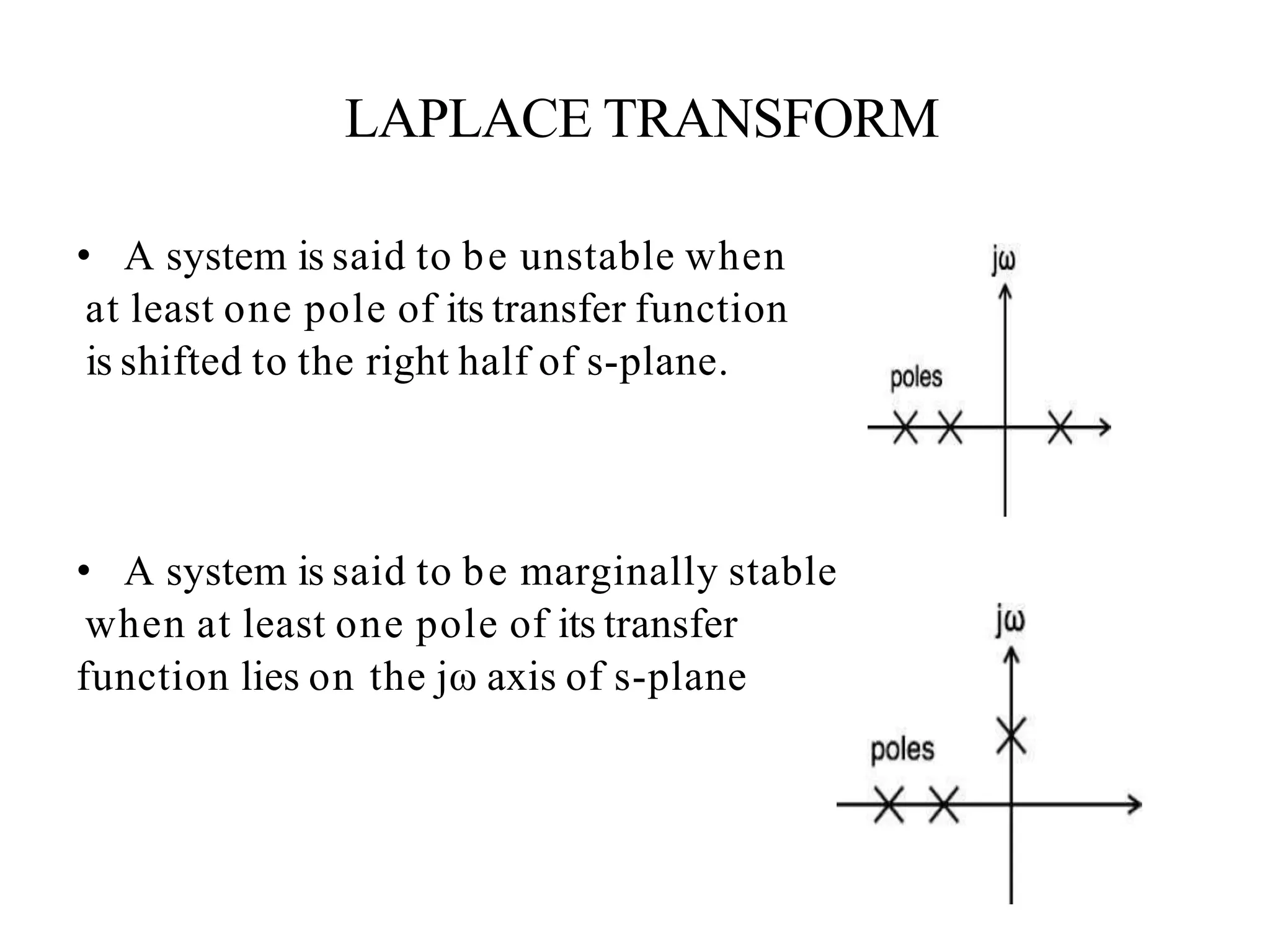 LAPLACE TRANSFORM
• A system is said to be unstable when
at least one pole of its transfer function
is shifted to the right half of s-plane.
• A system is said to be marginally stable
when at least one pole of its transfer
function lies on the jω axis of s-plane
 