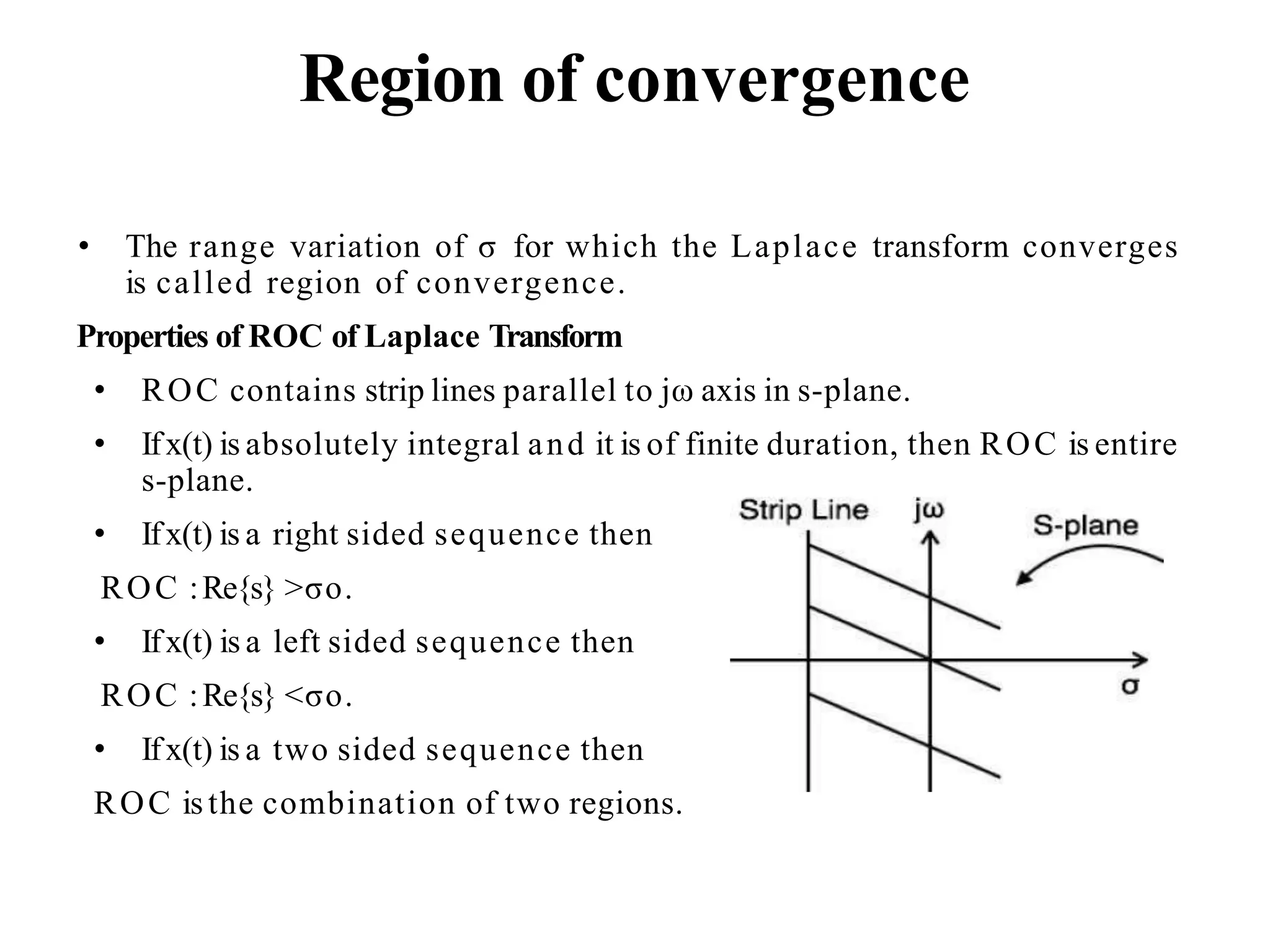 Region of convergence
• The range variation of σ for which the Laplace transform converges
is called region of convergence.
Properties of ROC of Laplace Transform
• ROC contains strip lines parallel to jω axis in s-plane.
• Ifx(t) is absolutely integral and it is of finite duration, then ROC is entire
s-plane.
• Ifx(t) is a right sided sequence then
ROC :Re{s} >σo.
• Ifx(t) is a left sided sequence then
ROC :Re{s} <σo.
• Ifx(t) is a two sided sequence then
ROC isthe combination of two regions.
 
